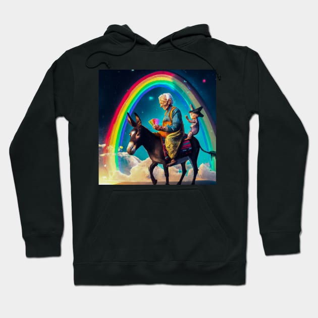 Old Lady on Donkey with Rainbow Hoodie by JohnCorney
